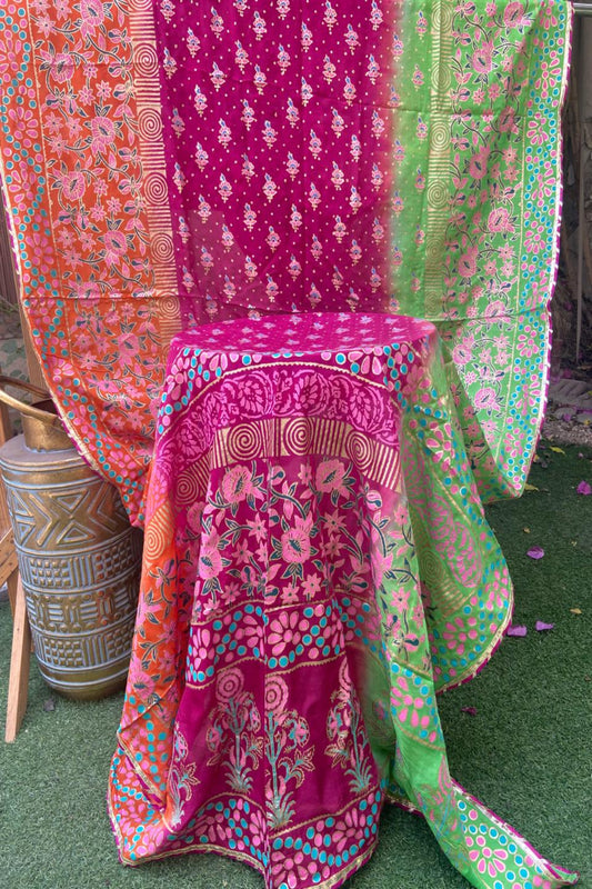 Vibrant multi-color shaded fine medium silk block print dupatta featuring rich pink, orange, and green tones with traditional motifs.