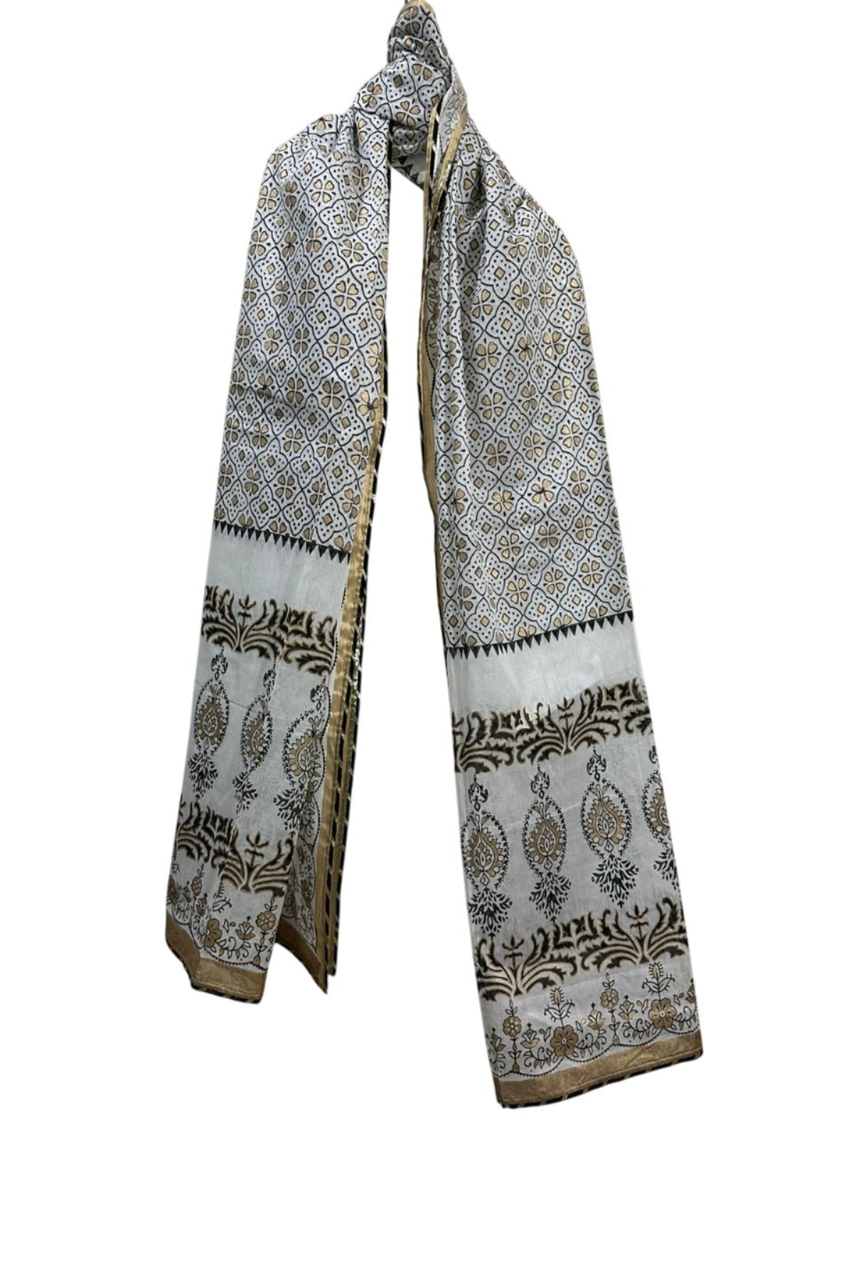 White Dooria Lawn Block Print Dupatta with Elegant Golden Border by Zariyat by Sumera