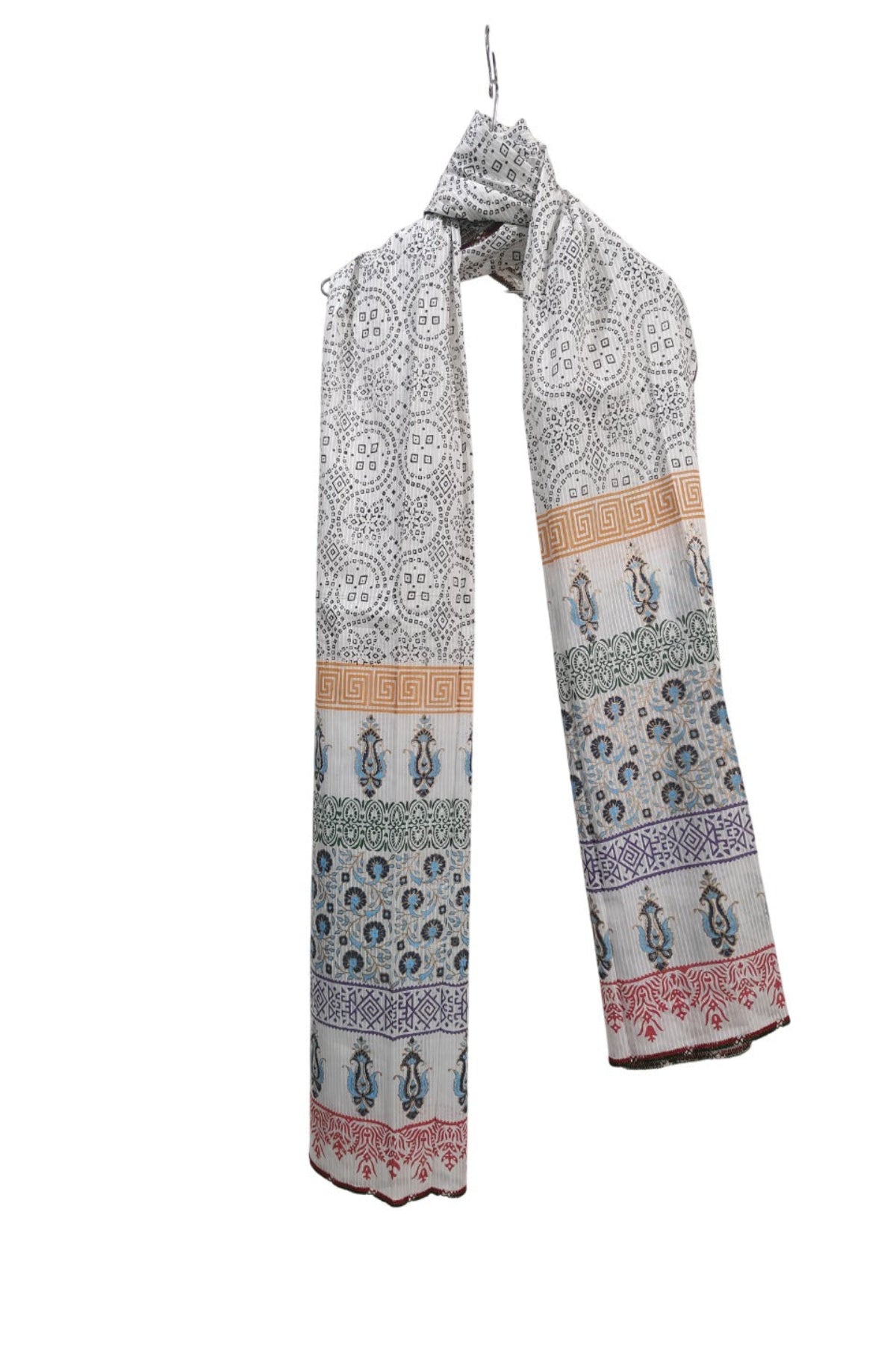White Dooria Lawn Block Print Dupatta with Multicolor Traditional Border by Zariyat by Sumera