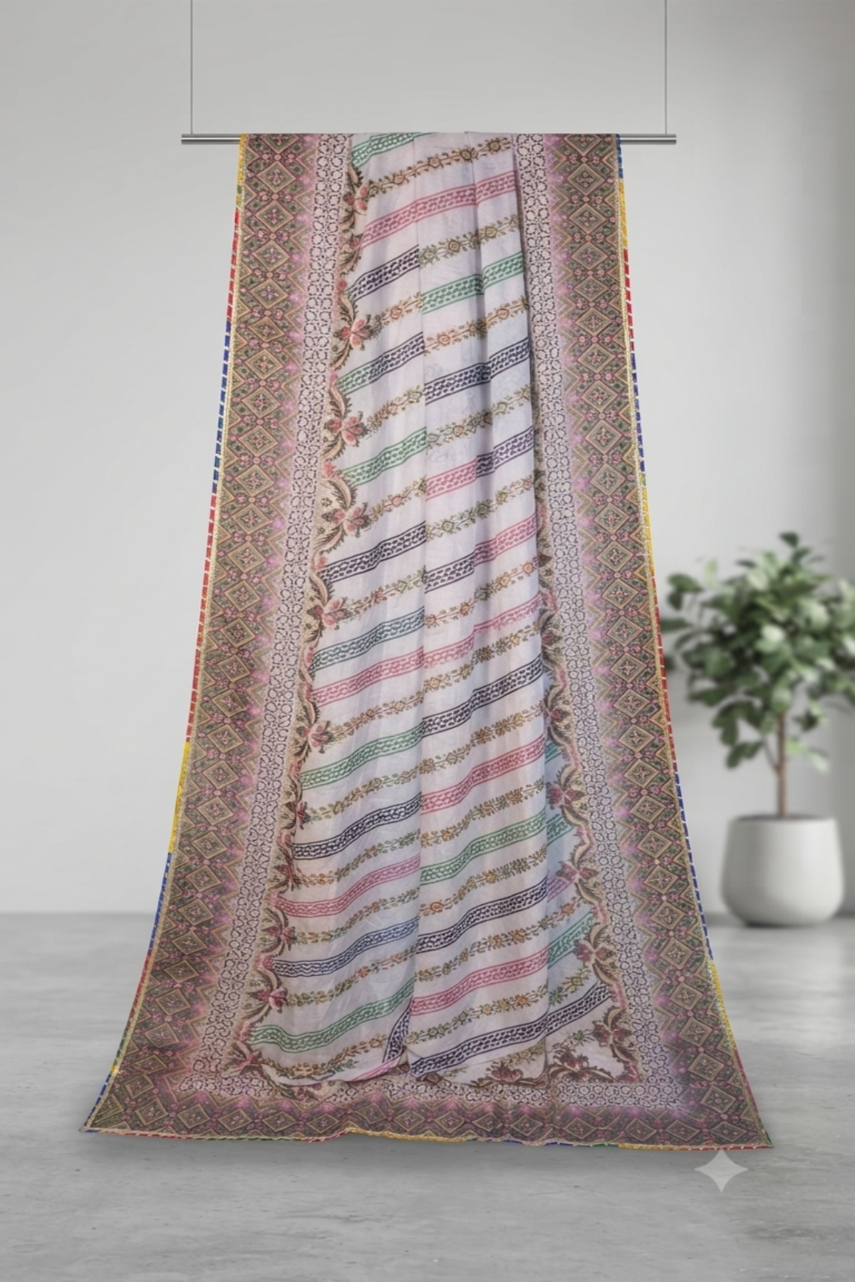 Hanging studio display of a white lawn dupatta featuring multi-colored traditional block-print patterns and detailed borders.