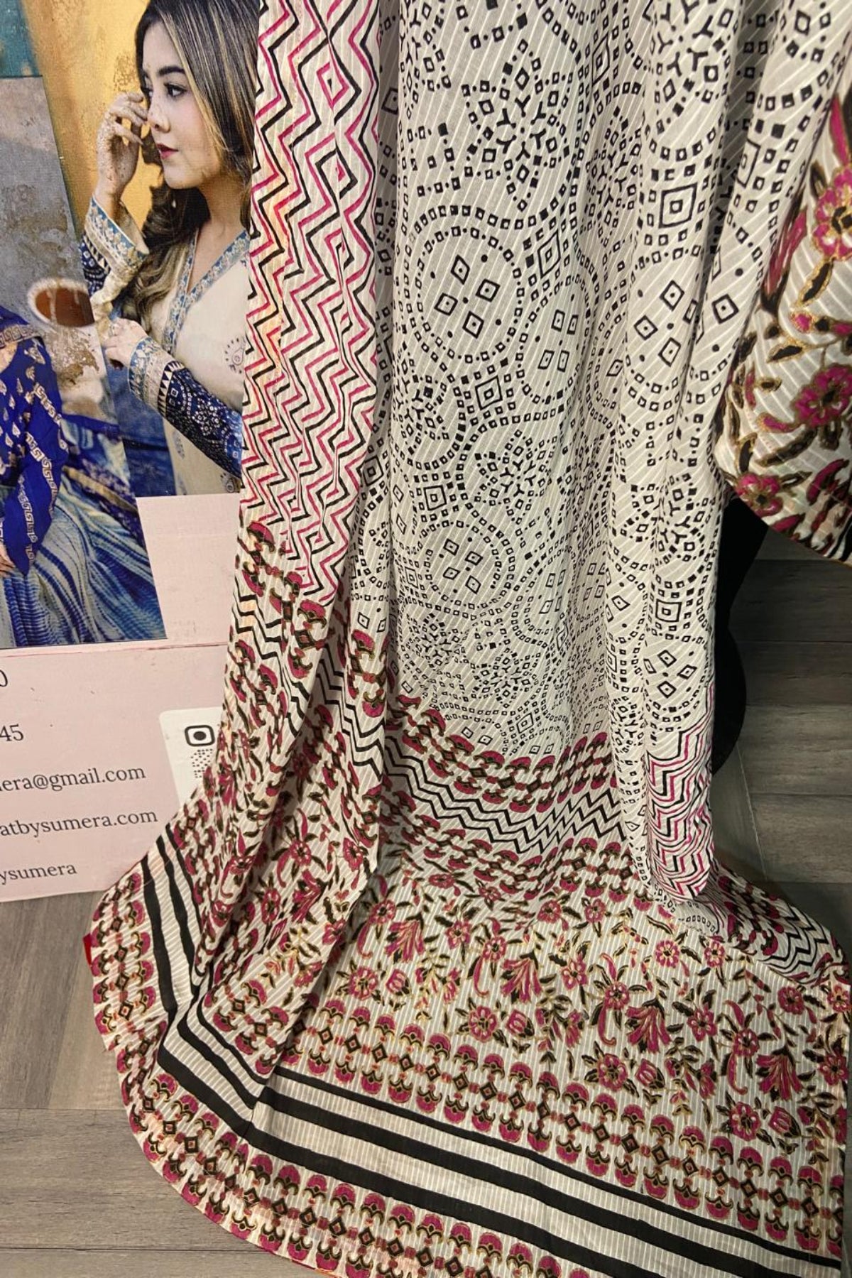 Close-up of Handmade Block Print Dooria Lawn Dupatta by Zariyat by Sumera showing intricate floral and geometric patterns