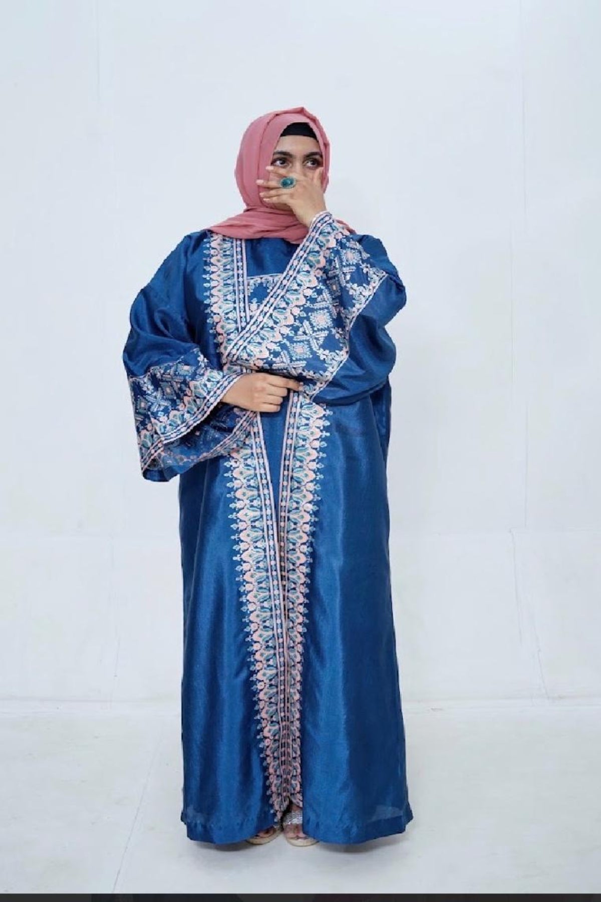 Luxury 2-piece stitched block print long dress by Zariyat by Sumera in premium Katan Silk and Raw Silk with elegant broad sleeves and handcrafted floral block print.