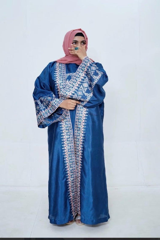 Luxury 2-piece stitched block print long dress by Zariyat by Sumera in premium Katan Silk and Raw Silk with elegant broad sleeves and handcrafted floral block print.