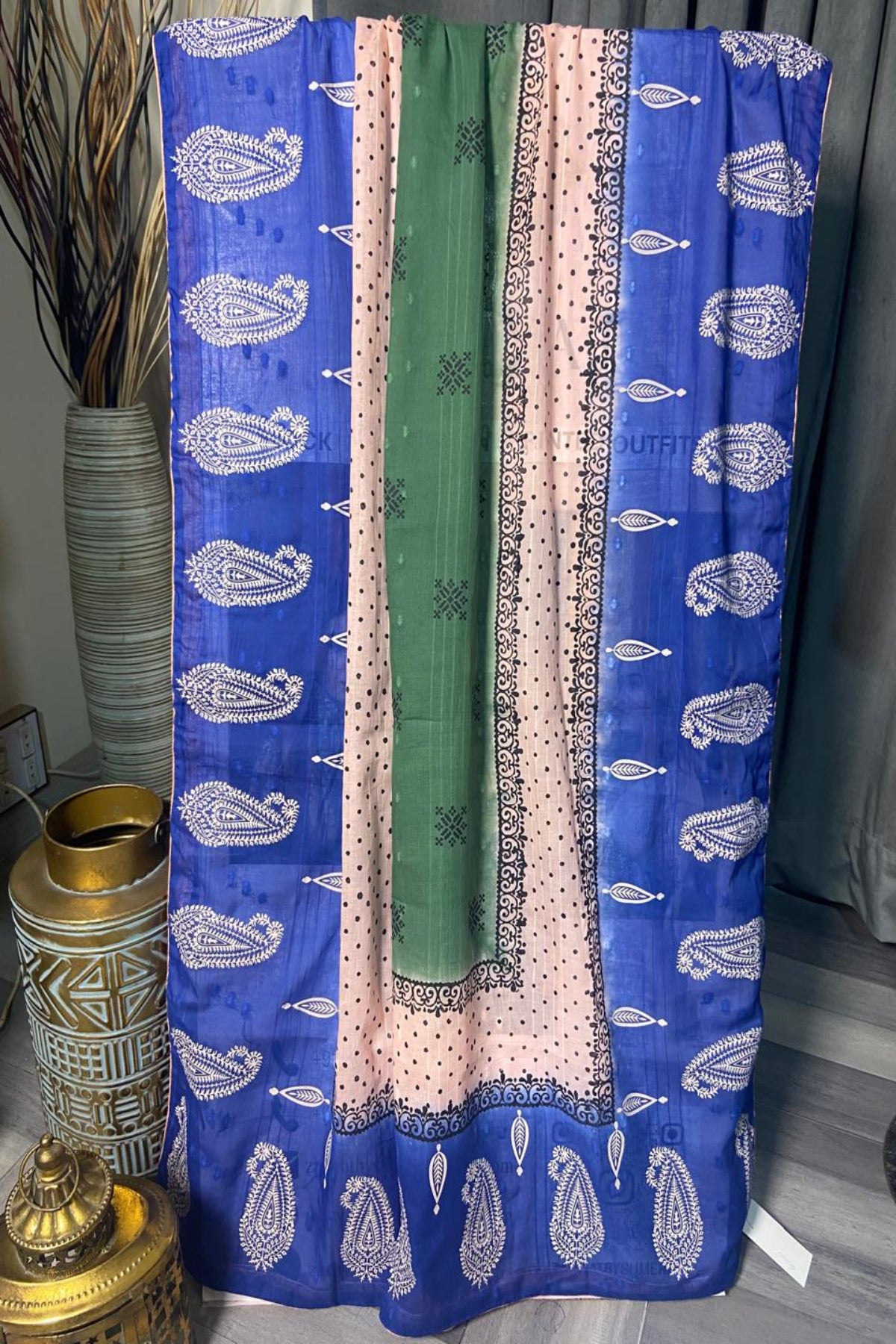 3tone dooria lawn dupatta featuring royal blue, peach, and green panels with traditional white paisley block prints and polka dots by Zariyat by Sumera.
