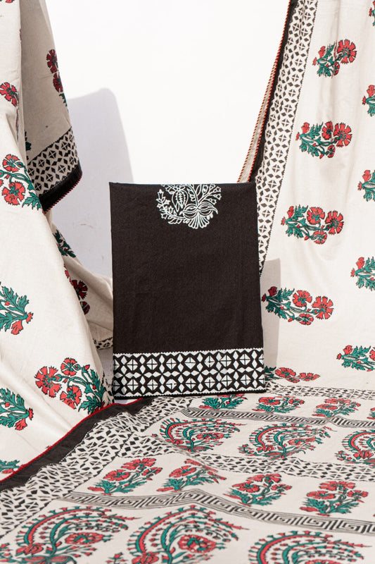 Detailed view of traditional paisley floral block print on off-white and black lawn fabric for a designer saree