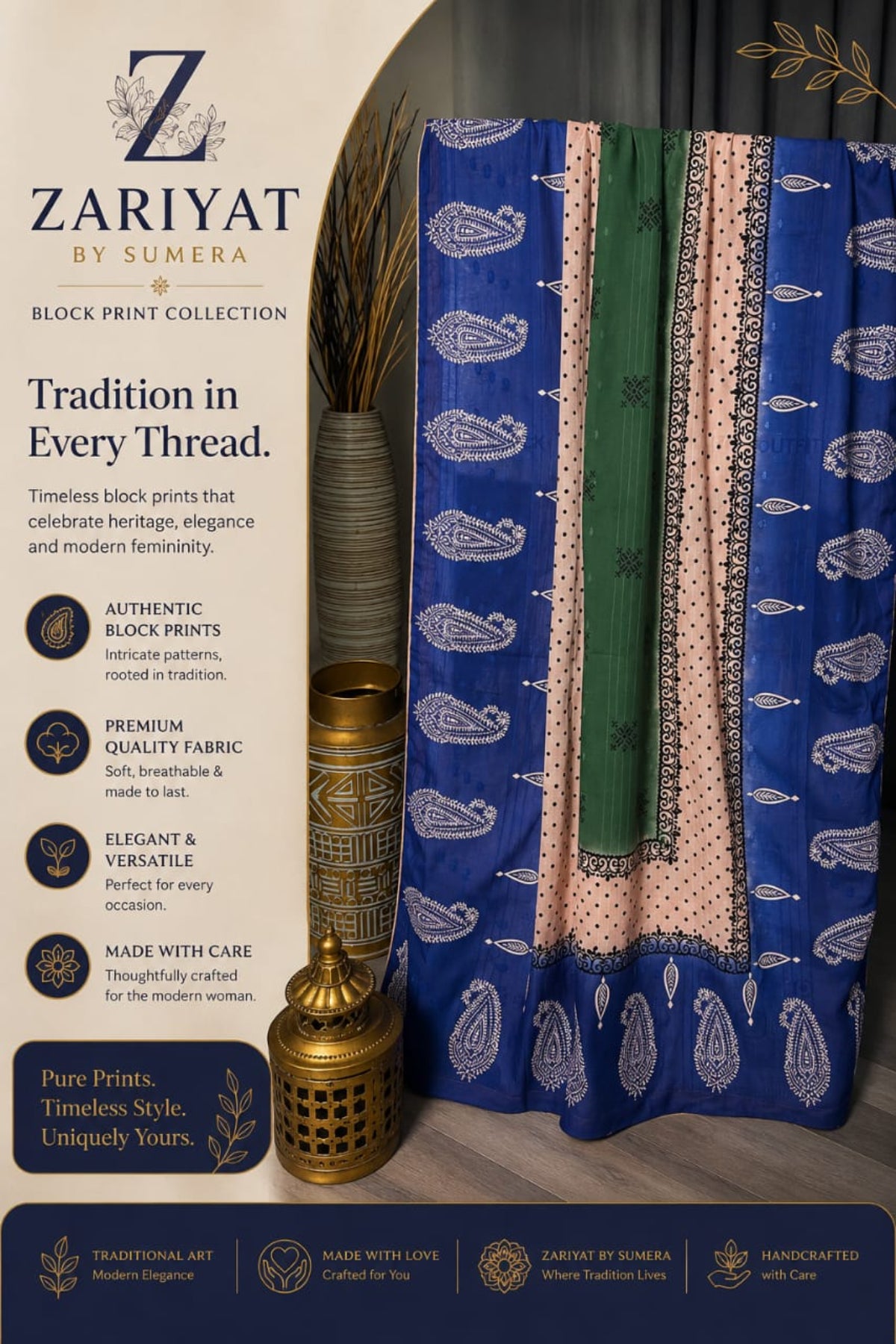 Zariyat by Sumera block print collection promotional banner featuring traditional paisley patterns, premium fabric details, and a displayed 3-tone dooria lawn dupatta