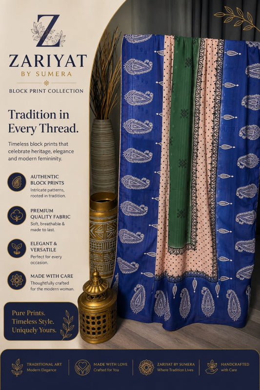 Zariyat by Sumera block print collection promotional banner featuring traditional paisley patterns, premium fabric details, and a displayed 3-tone dooria lawn dupatta