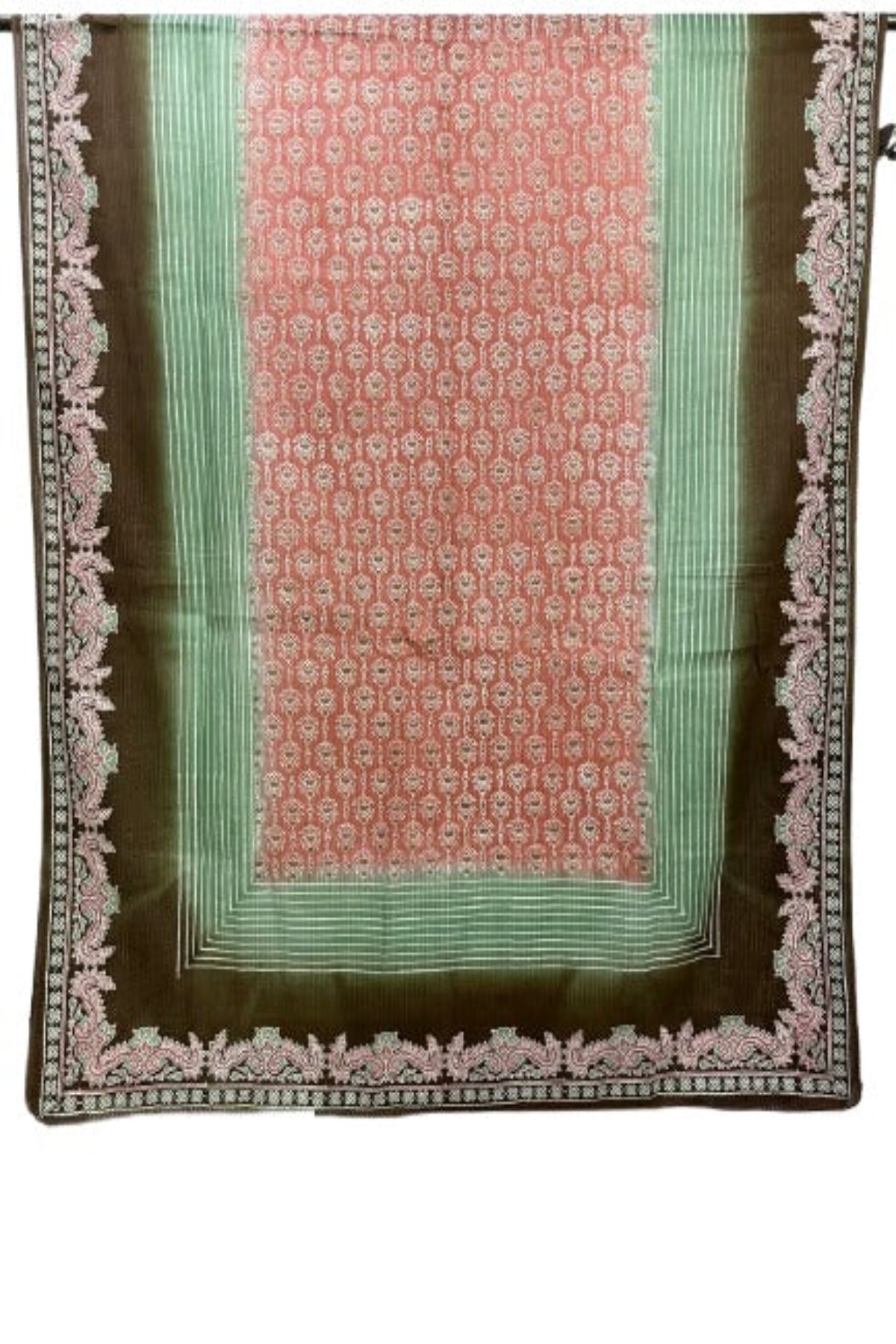 Zariyat by Sumera block printed lawn dupatta, featuring a detailed center floral motif, vertical stripes, and a wide dark brown paisley border