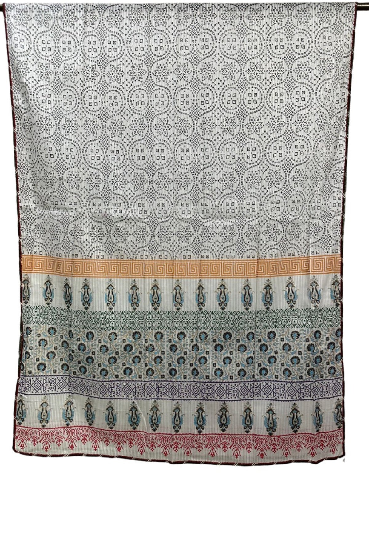 Zariyat by Sumera block printed lawn dhupata fabric featuring intricate geometric, floral, and border patterns in a multi-colored design