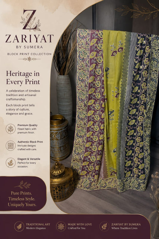 Handmade Block Print Dooria Lawn Dupatta by Zariyat by Sumera in olive green, plum, and navy floral design displayed in a premium presentation.