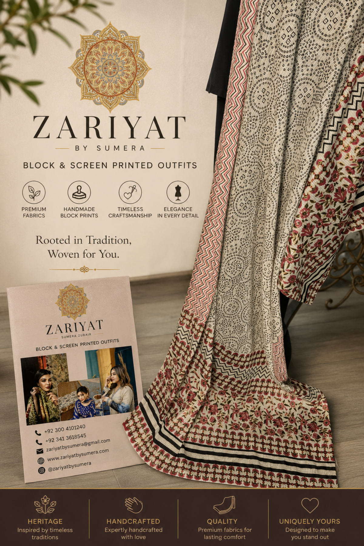 Handmade white Dooria Lawn block print dupatta with black geometric patterns and pink floral border by Zariyat by Sumera.