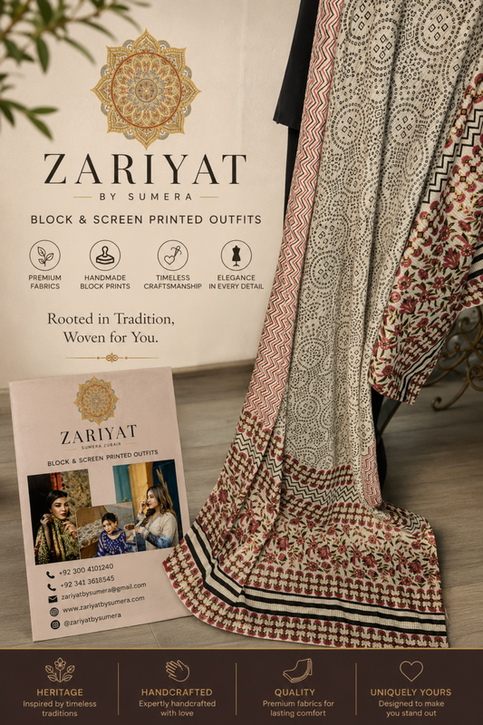 Handmade white Dooria Lawn block print dupatta with black geometric patterns and pink floral border by Zariyat by Sumera.