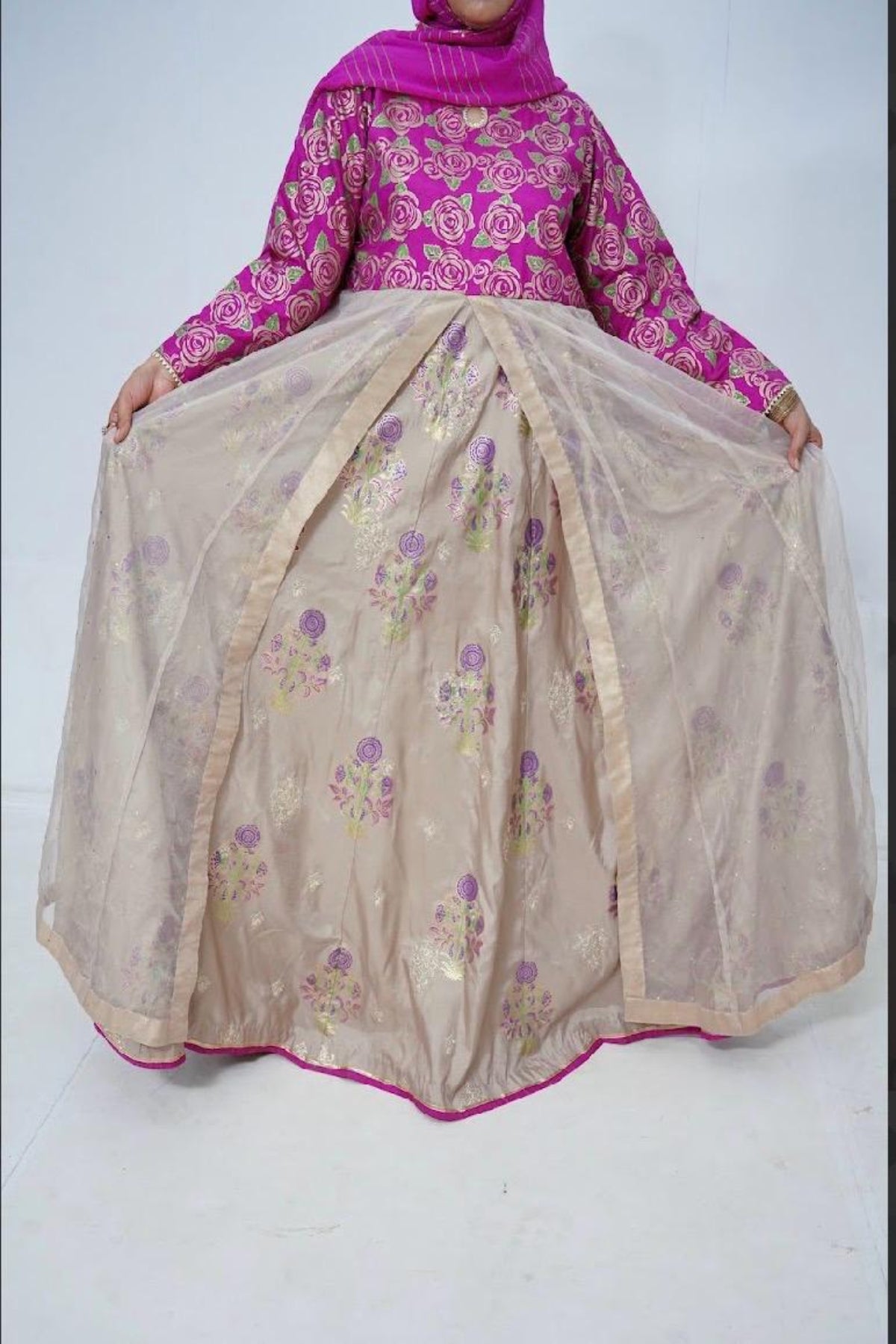 Luxury 3-piece stitched front open block print long dress by Zariyat by Sumera featuring Zari work raw silk, organza detailing, chiffon dupatta, and golden Massuri trouser in elegant beige and pink tones