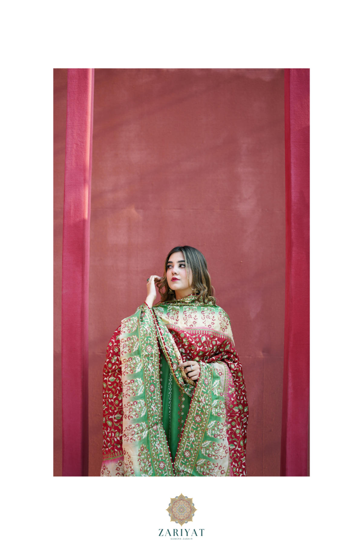 Luxury Pakistani formal outfit from Zariyat by Sumera featuring a green block print kalidar style look and red dupatta
