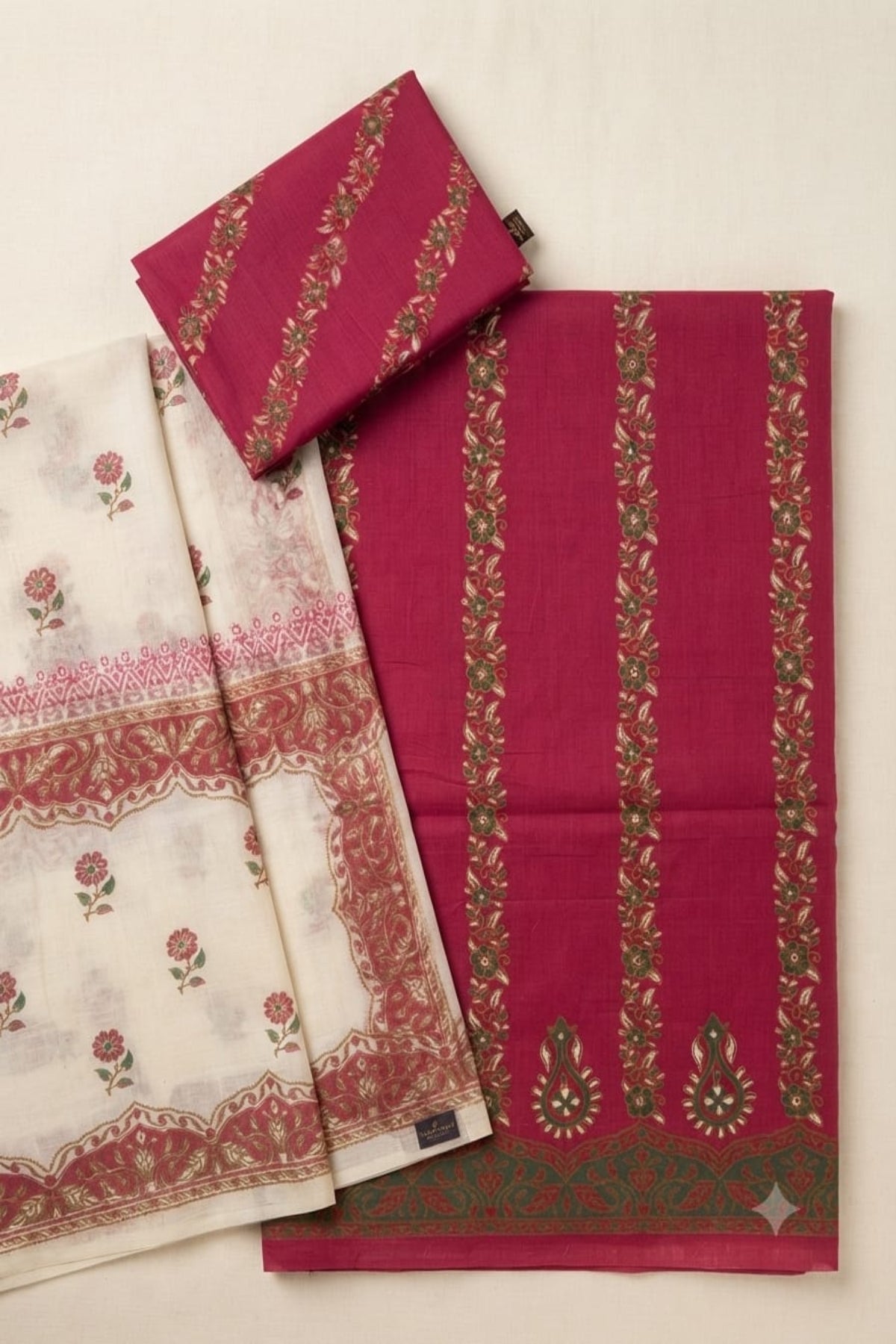 A 2-piece Zariyat by Sumera lawn suit featuring a maroon shirt with vertical floral block print stripes and a complementary off-white dupatta with traditional red block print borders.