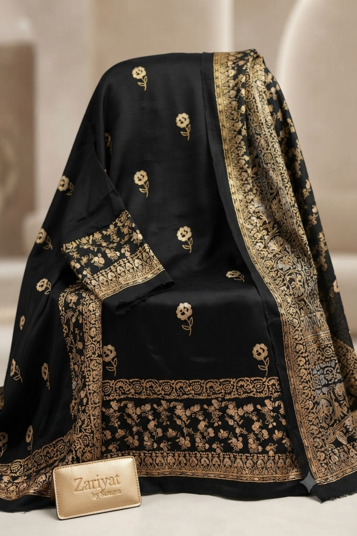 A premium 3-piece unstitched Zariyat by Sumera suit featuring a navy blue raw silk shirt and matching trousers with multi-colored block print, paired with a fine medium silk dupatta.