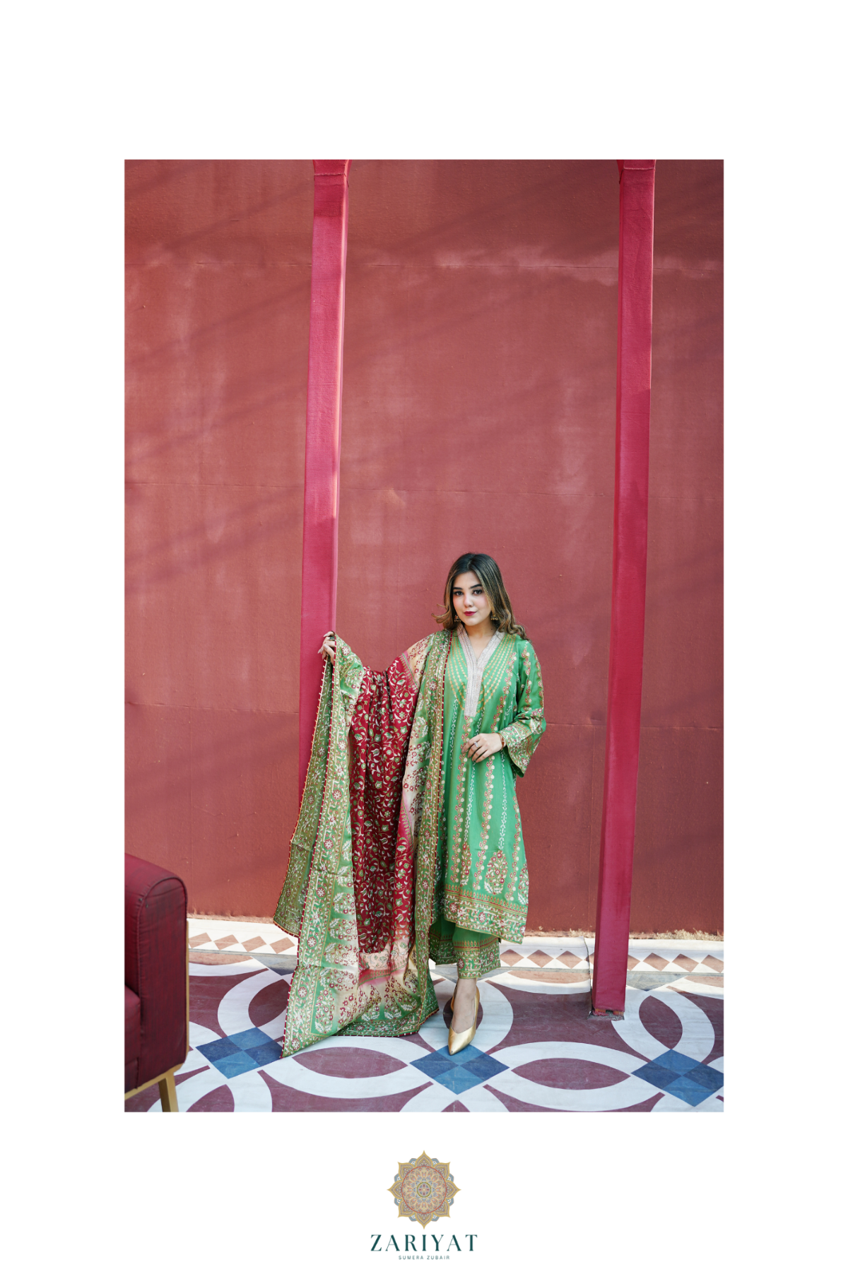 Close-up of Zariyat 3-piece stitched suit featuring premium green block print shirt and heavy multi-color patterned dupatta