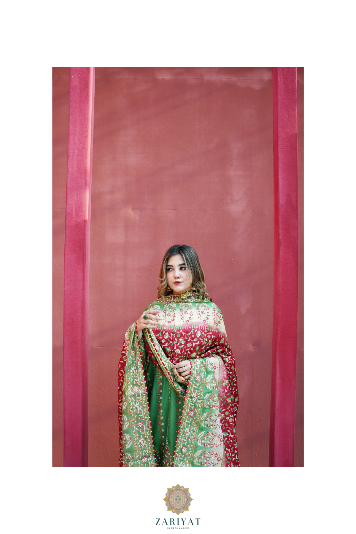 Model posing in a stitched green block print sharara suit by Zariyat, perfect for weddings and formal events.