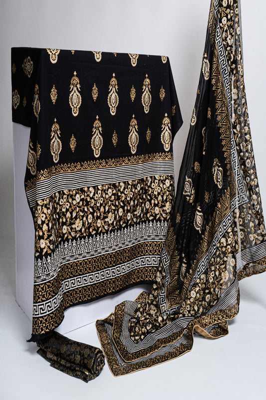 Premium 3-piece luxury raw silk unstitched suit featuring traditional block print by Zariyat by Sumera