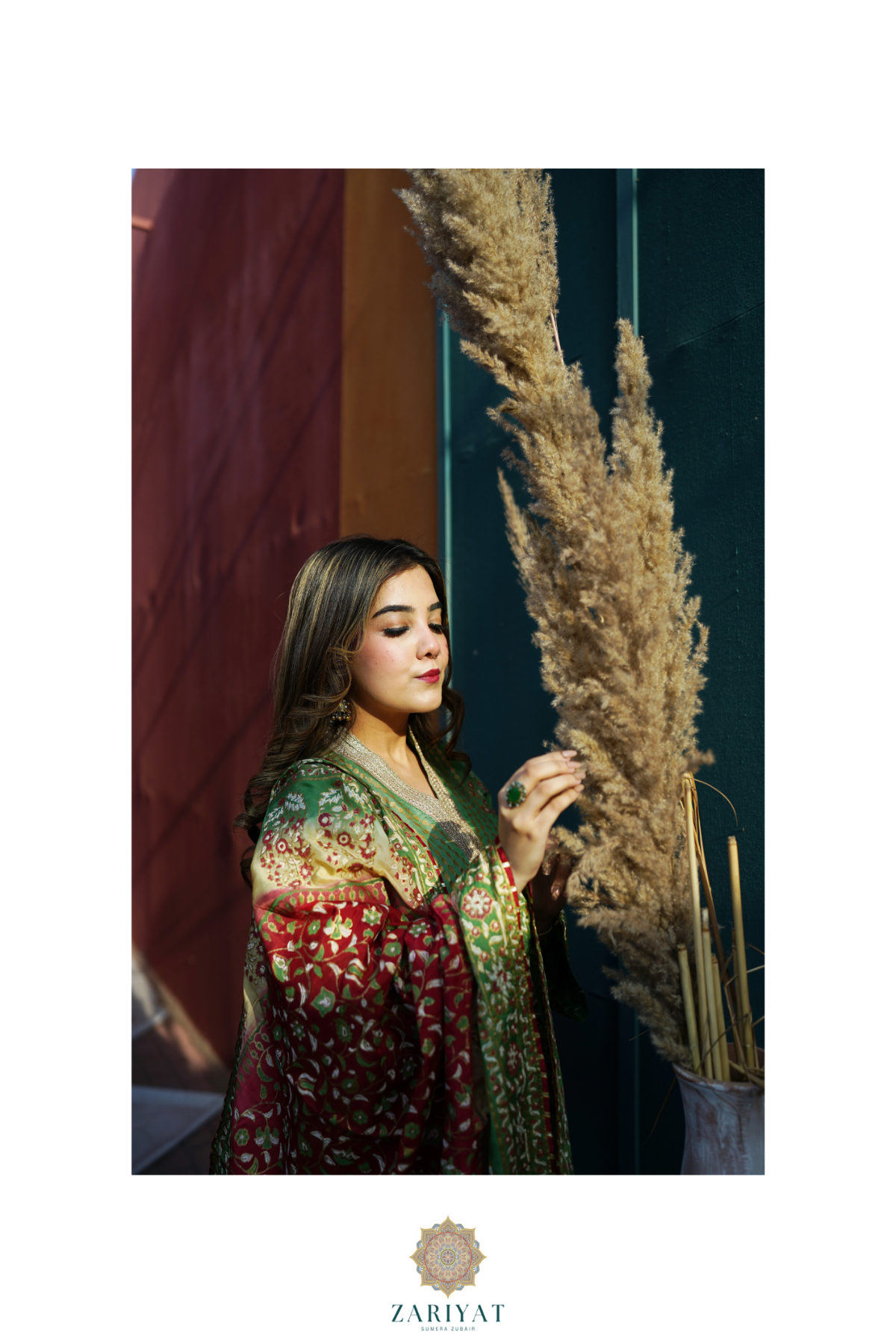Model draping a luxury three-tone chunri block print dupatta from Zariyat festive wedding wear collection.